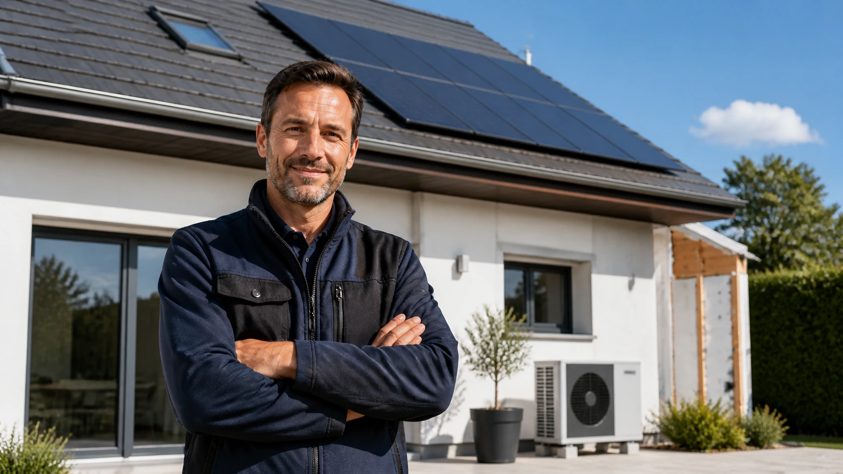 Professionnel de la rénovation énergétique devant une maison équipée de panneaux solaires