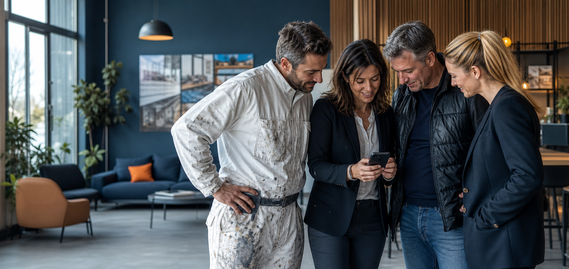 Professionnels découvrant ensemble une recommandation sur mobile